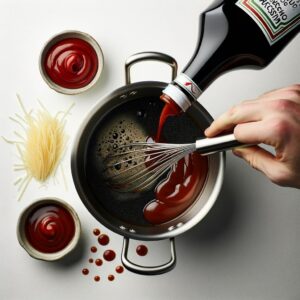 Combining balsamic vinegar, ketchup, and Worcestershire sauce in a saucepan.