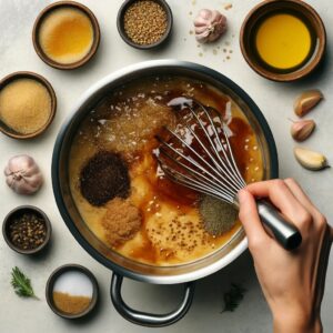 Adding brown sugar, garlic, and spices to the balsamic mixture in a saucepan.