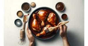 Chicken thighs being marinated in a sauce in a large dish