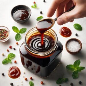 Pouring the cooled balsamic BBQ sauce into a glass jar for storage.