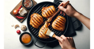 Chicken being grilled on a medium-high heat grill, basted with sauce