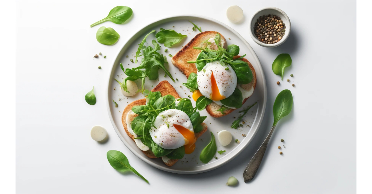 Completed poached eggs sandwich on a white plate with arugula garnish