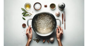 Step 1 A pot of water with vinegar and salt reaching a gentle simmer