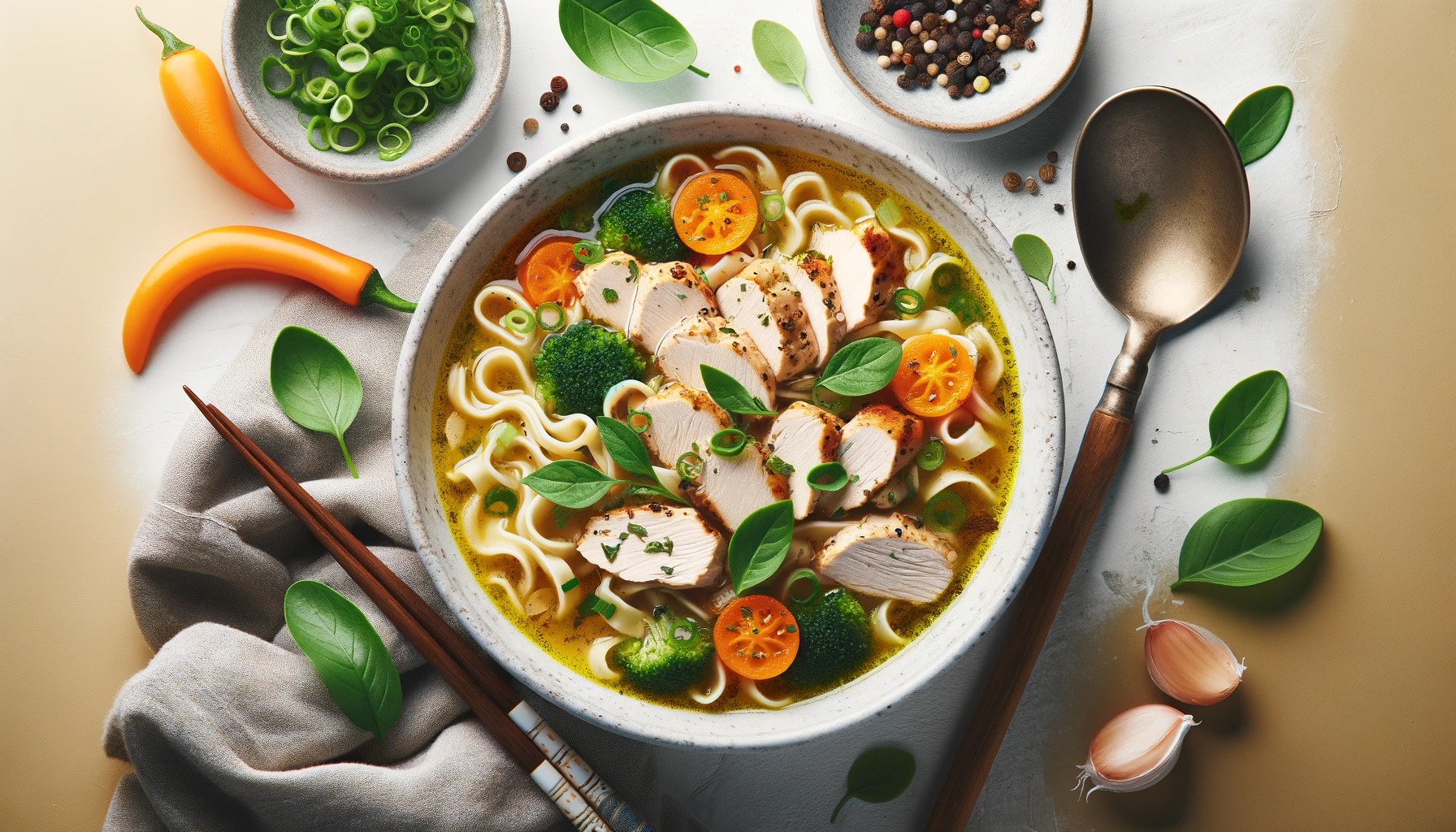 Completed keto chicken noodle soup served in a bowl