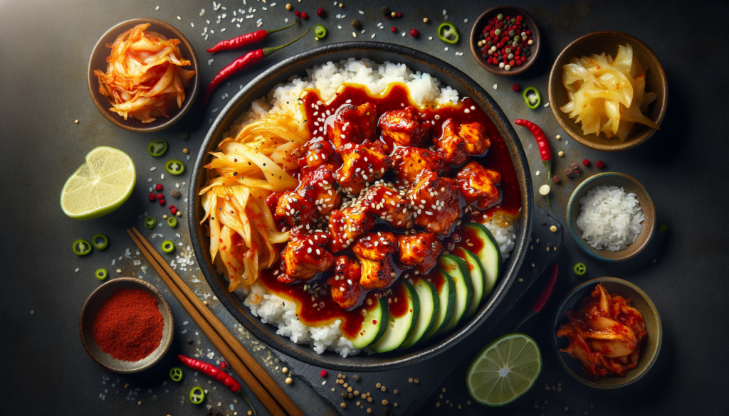 Spicy Korean Gochujang Chicken Bowl with Kimchi and Rice