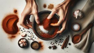 Hands mixing spices in a bowl, on a white background