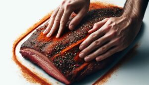 Hands applying spice rub evenly over beef brisket