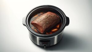 Placing brisket into slow cooker with beef broth visible