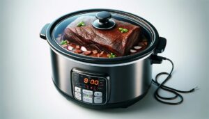 Slow cooker lid closed, with digital timer showing