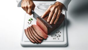 Hands carving brisket on a cutting board with a sharp knife