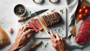 Thinly slicing beef flank steak against the grain for keto beef jerky