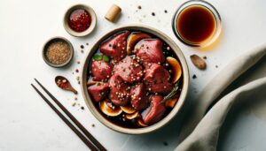 Beef slices marinating in a mixture of soy sauce, apple cider vinegar, and spices