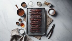 Setting up a wire rack on a baking sheet in preparation for making keto beef jerky