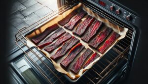 Beef jerky slices baking on a wire rack in the oven