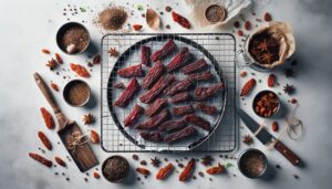 Cooling freshly baked keto beef jerky on a wire rack