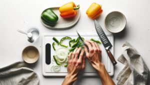 Cutting bell peppers and onions for keto chicken kabobs