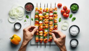 Assembling keto chicken kabobs with vegetables on skewers