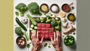 Ingredients for Keto Ground Beef and Broccoli laid out on a counter