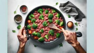 Cooking ground beef in a skillet for Keto Ground Beef and Broccoli