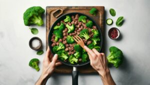 Broccoli being added to the skillet