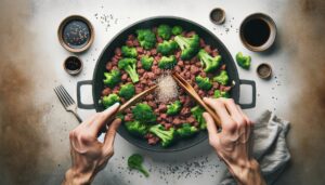 Seasoning the cooked dish with soy sauce and sesame oil