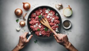 Ground beef being sautéed with onions and garlic in a skillet for low carb beef enchiladas