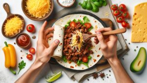 Assembling low carb beef enchiladas with cheese and beef filling