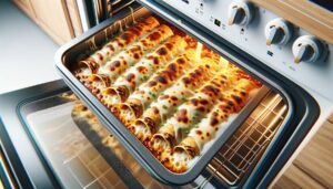 Low carb beef enchiladas being baked in the oven