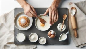 Ingredients for pancake and sausage bites laid out on a kitchen counter