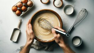 Mixing pancake batter in a bowl for pancake and sausage bites