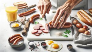 Cutting pre-cooked breakfast sausages for pancake bites