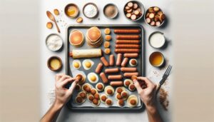 Assembling pancake and sausage bites on a greased baking tray