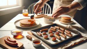 Serving warm pancake and sausage bites with dipping sauce